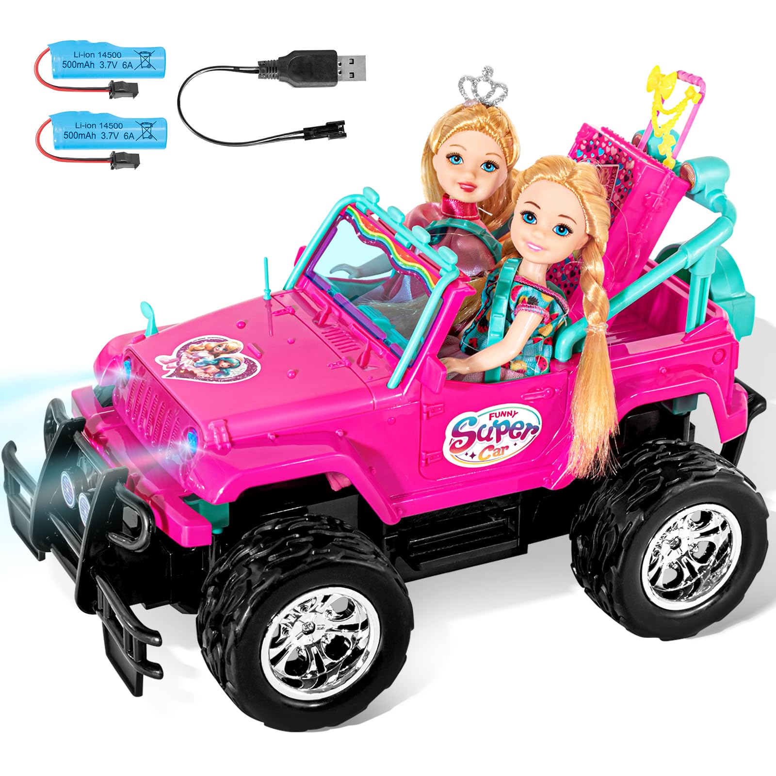 Photo 1 of ULOVEME Purple Je ep Remote Control Car for Girls with 5.5" Doll & LED Lights, 2.4GHz Off-Road Trucks, 1:16 Scale Remote-Control Toy Car Holds 2 Dolls (Pink Car)
