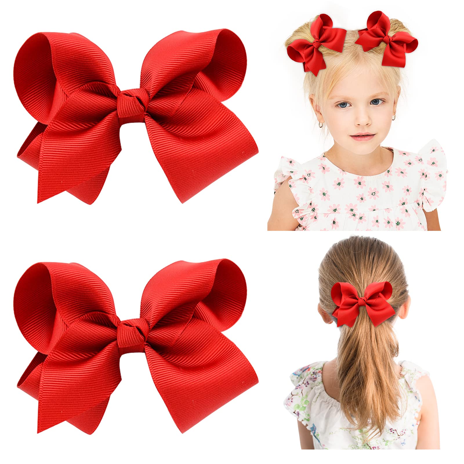 Photo 1 of 2 PCS 4.5" Hair Bows for Girls Alligator Clips Grosgrain Ribbon Solid Color Hair Accessories for Little Teen Toddler Girls Kids-Red