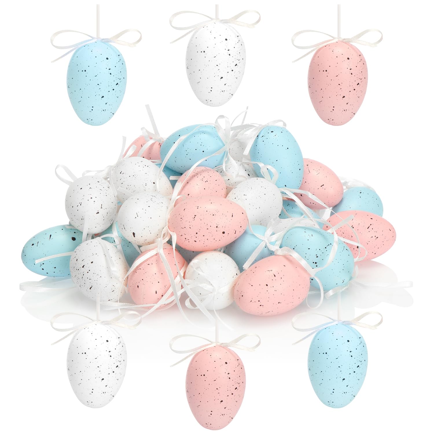 COM-FOUR® 36 x Hand Painted Easter Eggs Hanging Easter Decorations Pastel Colours with Beautiful Patterns Decorative Easter Eggs with Hanging (Set11 - White/Blue/Pink)
