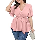 SCOMCHIC Women's Plus Size Short Sleeve V Neck Wrap Belted Ruffle Peplum Blouse Tops