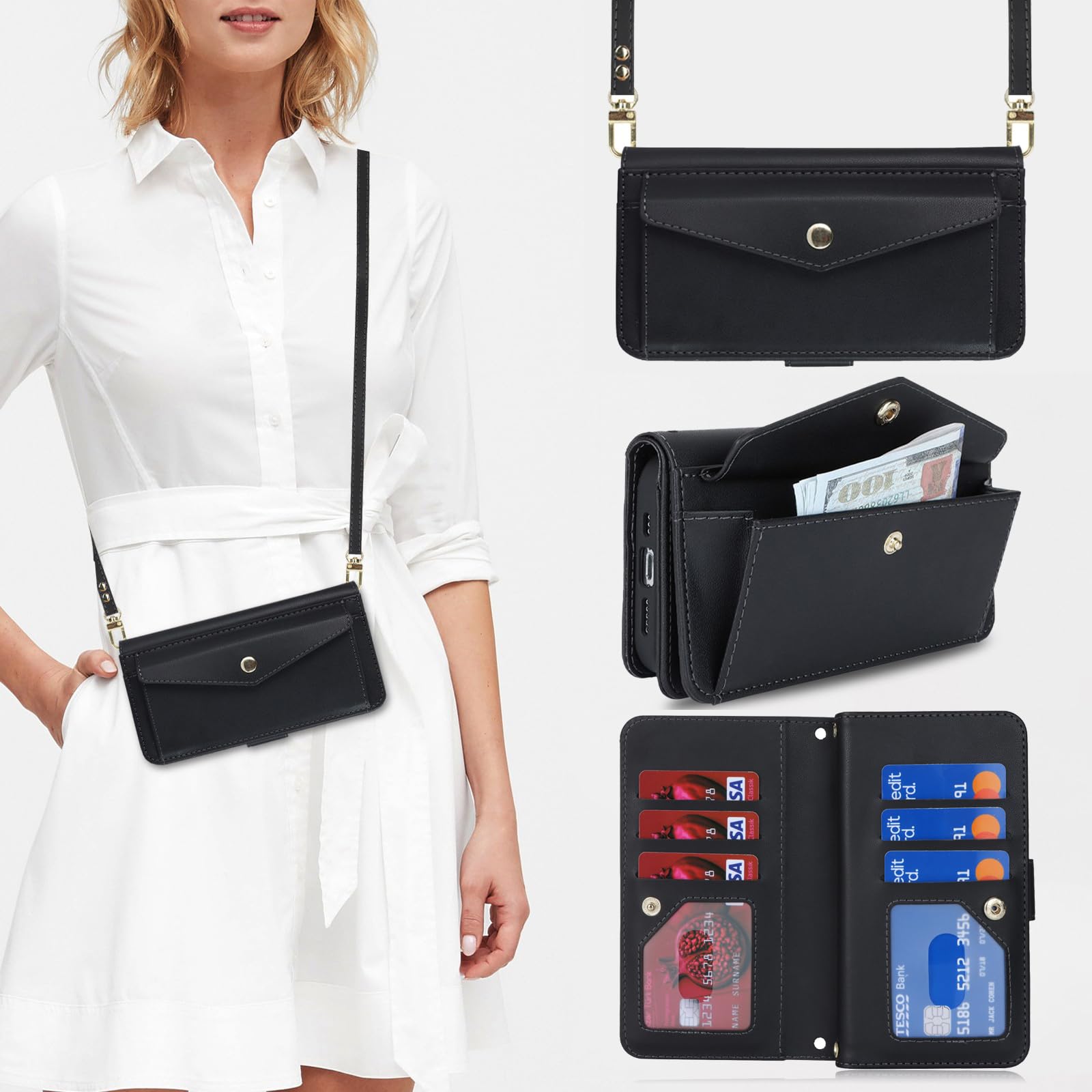 Zouzt for iPhone 13 Pro Wallet Case for Women, Purse with Credit Card Holder Slots Crossbody Lanyard Strap Flip Folio Book Shockproof Protective Cover for Apple iPhone 13 Pro 6.1 Inch (Black)