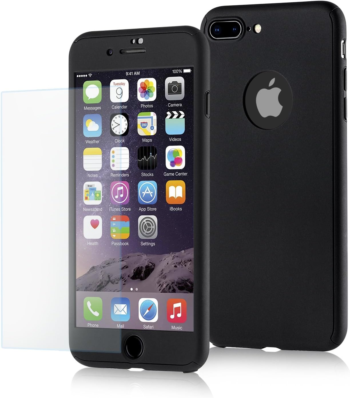 iPhone 7 Plus Full Body 360 Degree Protection Case, AOODOO Black Matte and Slim Hard Case with Tempered Glass Screen Protector (5.5 Inch)