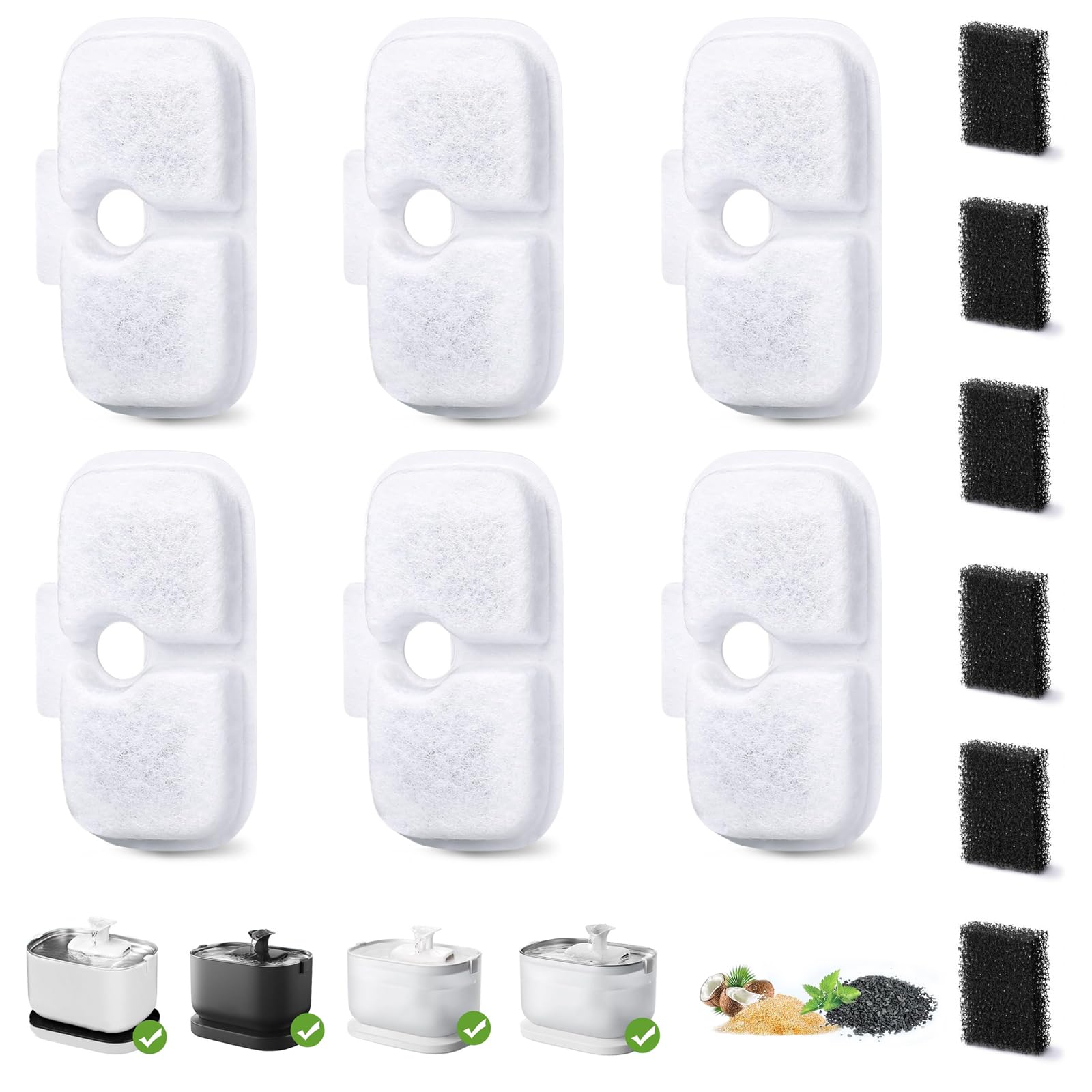 12PCS Petkit Water Fountain Replacement Filters Set, 6 Activated Carbon & 6 Foam Pet Water Fountain Filters, Pre-Filter for Cats, Easy to Install