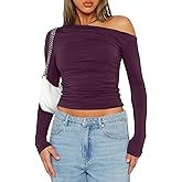 Darong Women's Casual Long Sleeve Boat Neck Off Shoulder Slim Fit Crop Top Going Out Blouses Y2K Tight Shirts