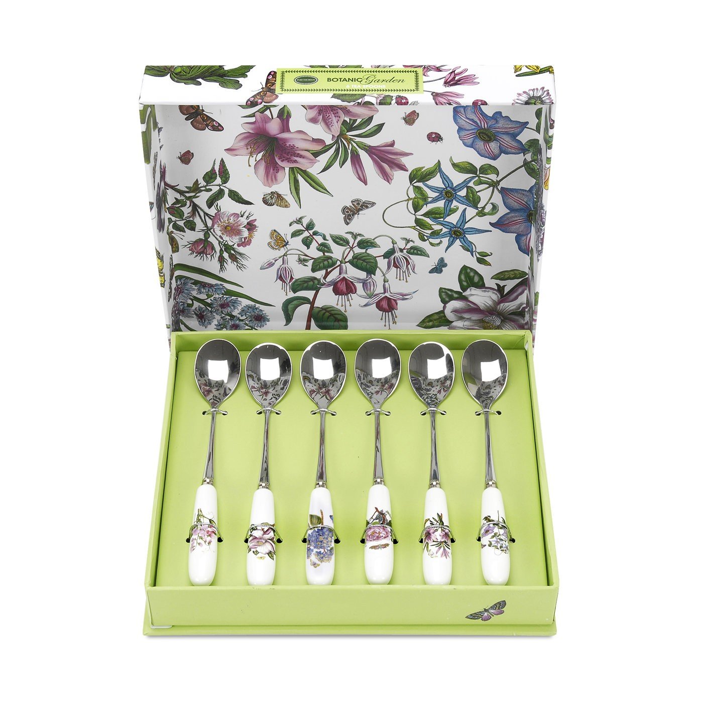 Portmeirion x Botanic Garden Set of 6 Tea Spoons - White Porcelain & Stainless Steel Teaspoons, Beautiful Floral Design, Suitable for Tea, Coffee, or Dessert