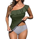 Yonique Women's Two Piece Swimsuits One Shoulder Tankini Tummy Control Bathing Suits Ruffle Swimwear