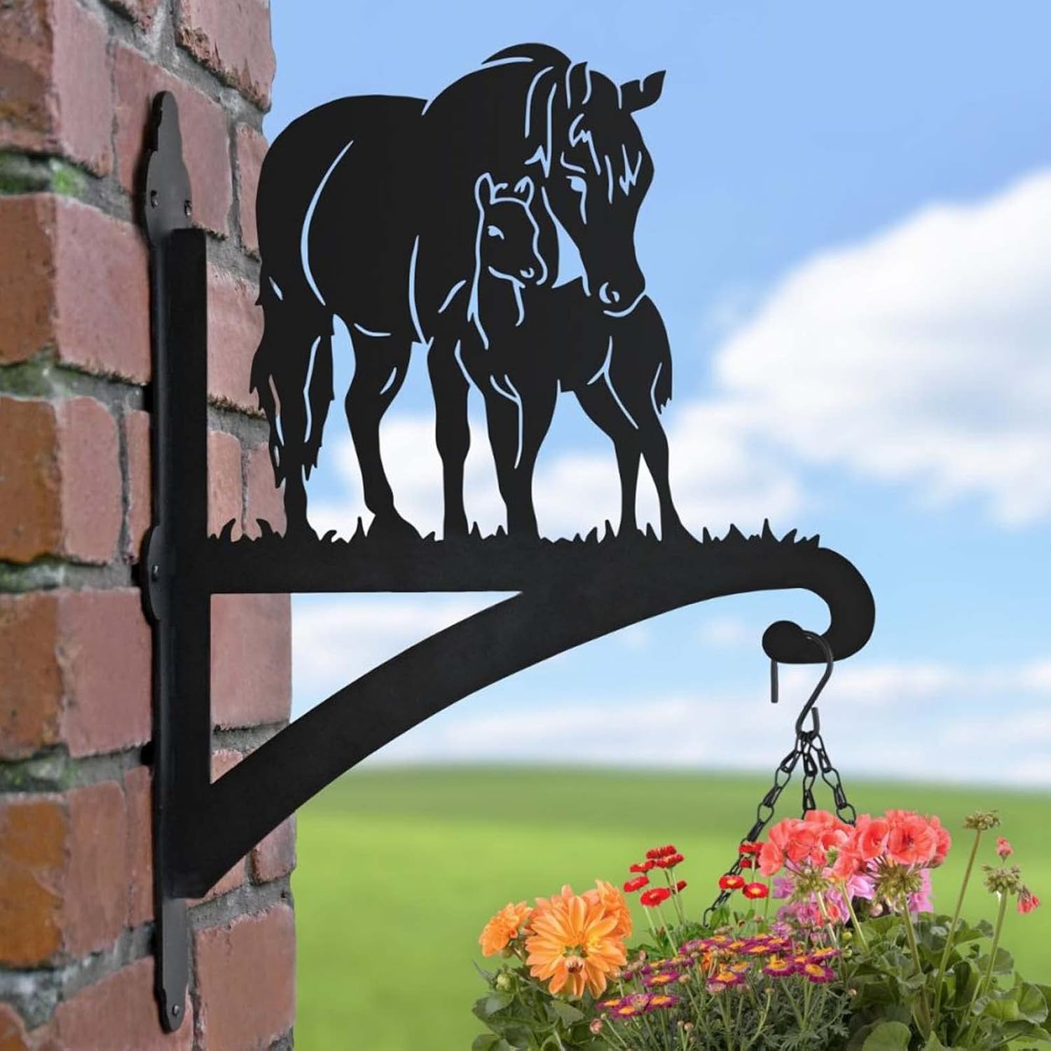 Outdoor Hanging Brackets - BAYN Hanging Plant Bracket Iron Heavy Duty Ornamental Mare & Foal Silhouette Wall Mounted Plant Hangers Outdoor for Flower Pot Lantern Bird Feeder Wind Chimes