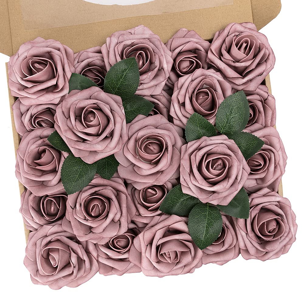 N&T NIETING Artificial Flowers Roses, 25pcs Real Touch Fake Roses with Stems DIY for Wedding Bridal Bouquets, Valentine's Day, Mother's Day, Baby Shower, Home Decoration, Dusty Pink