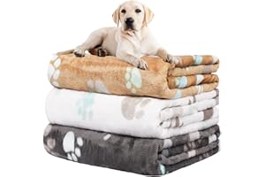 Rezutan Dog Blanket for Large Dogs, Upgraded 3 Pack Dog Cat Flannel Blankets Washable, Soft Pet Mat Throw Cover Suitable for Kennel Crate Bed, Cute Paw Pattern, Grey/Brown/White, 31" x 41"