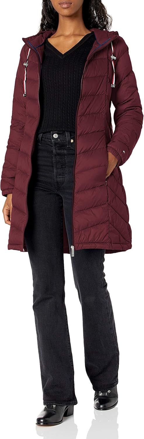 Tommy Hilfiger Women's Mid Length Chevron Quilted Packable Down Jacket: Clothing