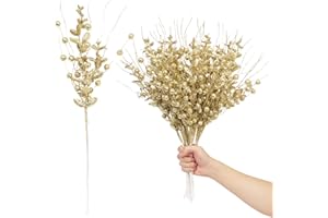 SY SUPER BANG 24 Pack Christmas Tree Decorations Picks and Sprays, Christmas Ornaments Artificial Glitter Berry Stems Branches Picks Twigs for Xmas Tree Vase Filler Home Holiday Decor (Gold-A)