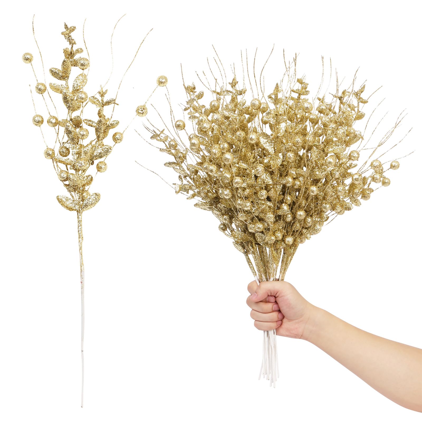 Photo 1 of 24 Pack Christmas Tree Decorations Picks and Sprays, Christmas Ornaments Artificial Glitter Berry Stems Branches Picks Twigs for Xmas Tree Vase Filler Home Holiday Decor (Gold-A)