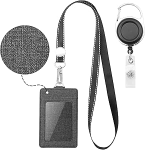 Life-Mate Badge Holder - Leather ID Card Holder Wallet Case with 3 Cards Slot and Neck Lanyard/Strap. Additional Retractable Badge Reel with Belt Clip (Black, Linen Finish)