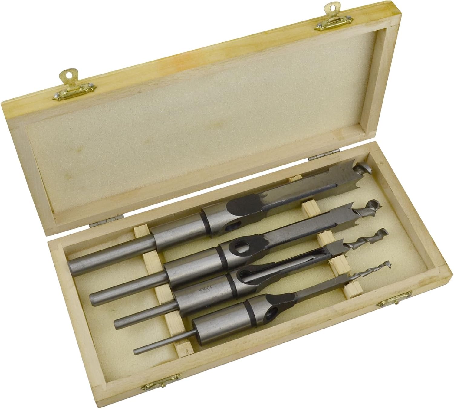 4pc Mortice Drill Tool Set 6,10,13 & 16mm Chisels In Wood Box