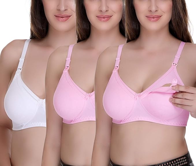 Women's Feeding Bra Full Cup Hosiery Cotton Breastfeeding Nursing Maternity (Multicoloured) Combo Pack of 3