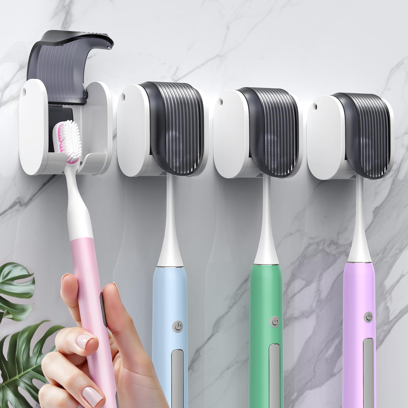Photo 1 of * only comes with three *
4 Pcs Toothbrush Holders Wall Mounted, Single Slot Design, Shower Self Adhesive Wall Mounted Toothbrush Holder with Cover, Waterproof and Dustproof, Suitable for Bathroom, Family, Travel (Grey)