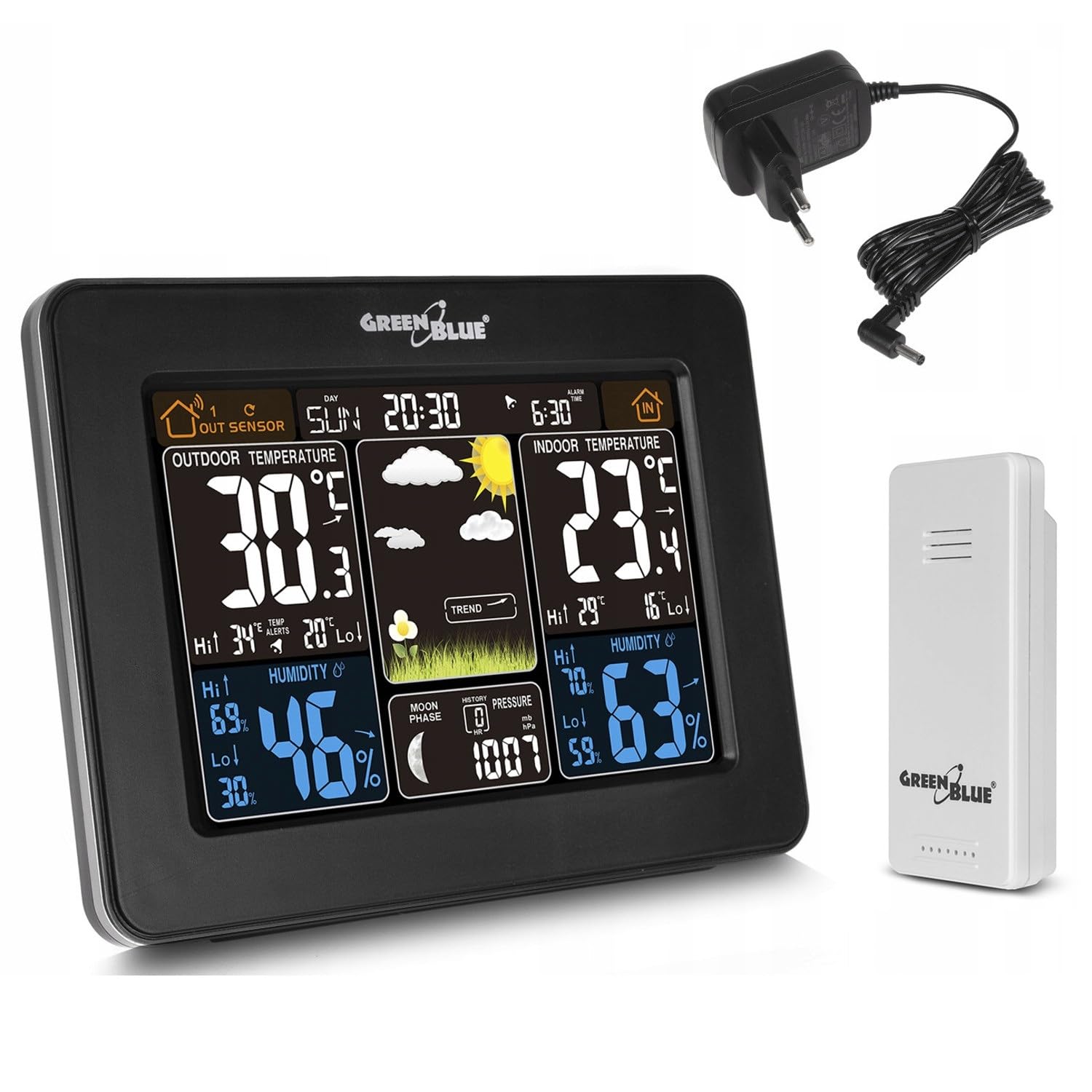 GreenBlue GB523 Funk Wetterstation mit Außensensor Wecker Kalender Barometer Thermometer Mondphasenanzeige Alarm DCF