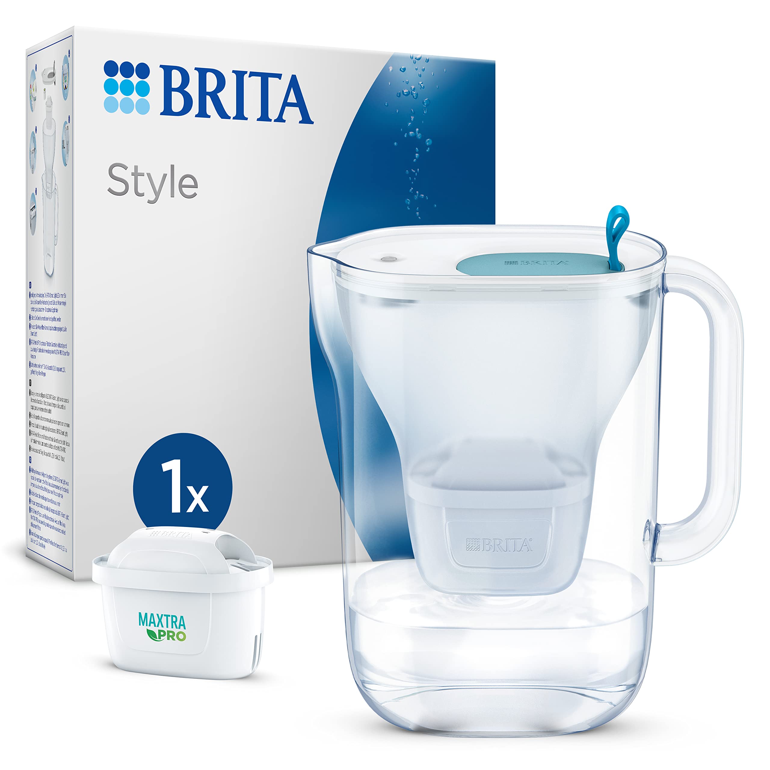 BRITA Style Water Filter Jug Blue (2.4L) incl. 1x MAXTRA PRO Pure Performance cartridge - fridge-fitting design jug with smart LED-LTI and Flip-Lid - now in sustainable Smart Box packaging โ image 1