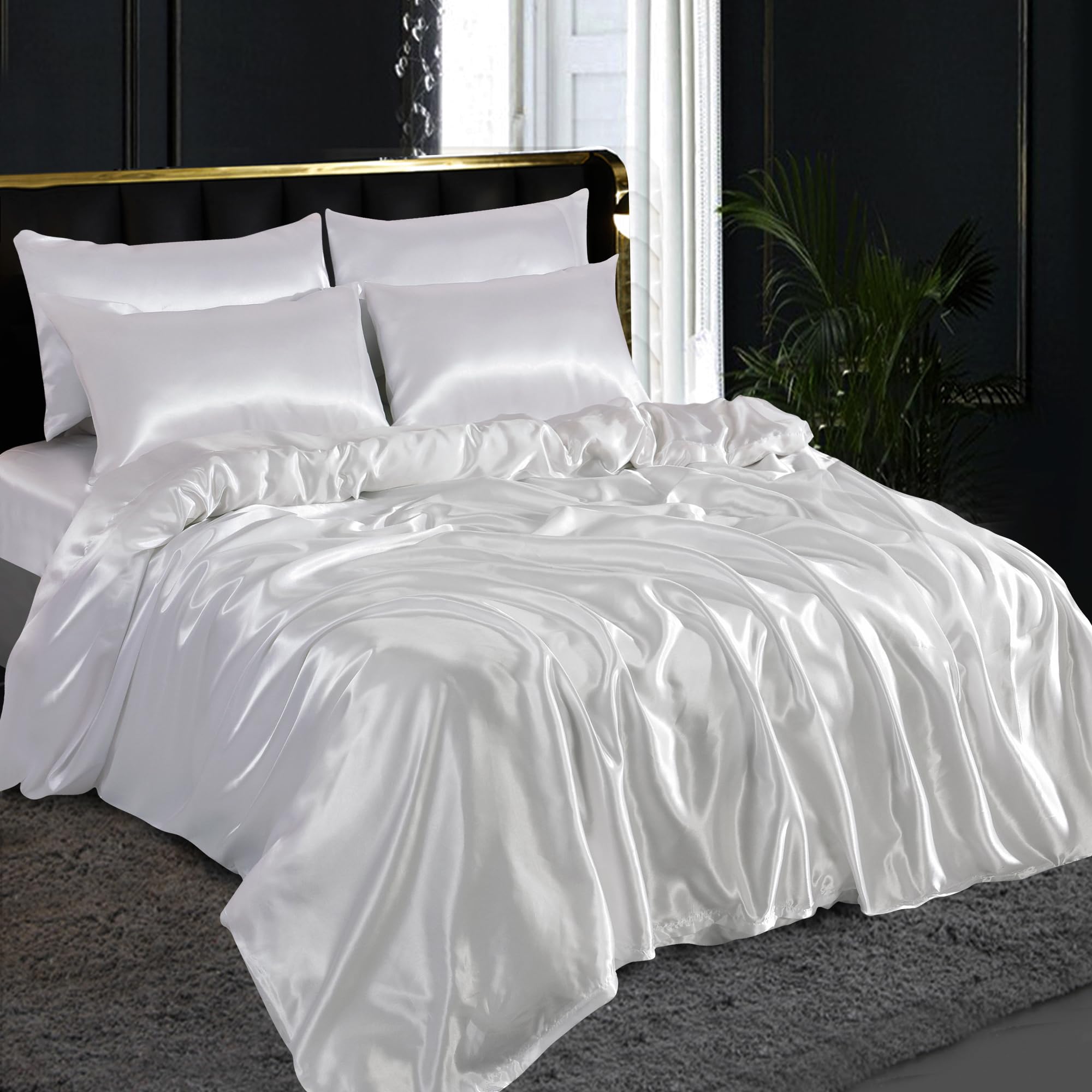 ZIMEL HOMES 6 piece-Satin sheets Soft bedding shiny silky bedding sets - duvet cover, Fitted sheet set, 4 pillowcases, complete bed sheet set (White, King)