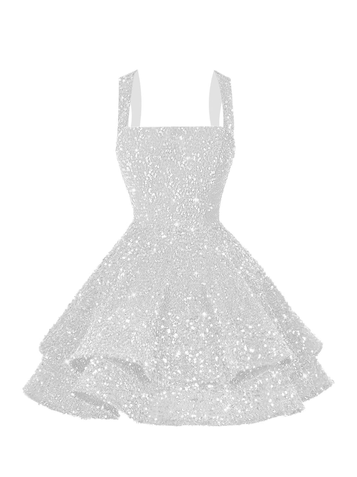 vintys Spaghetti Straps Tiered Sequin A Line Silver