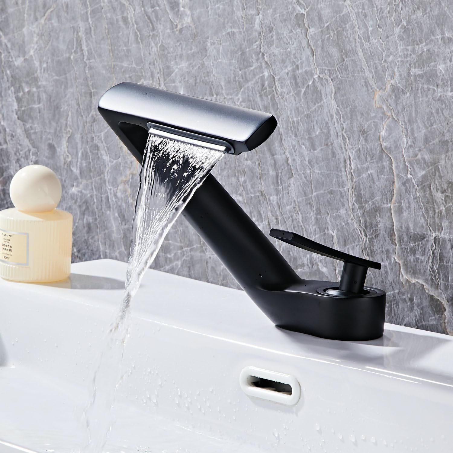 SHUNLI Black Waterfall Basin Mixer Tap - Modern Brass Taps with 2 Handles - Bathroom Sink Mixer Tap