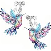 Hummingbird Earrings, Clip on Earrings for Women Non Pierced Screw Back Hypoallergenic 2D Acrylic Dangling Novelty Fun Blue Colorful Cute Humming Bird Drop Dangle Jewelry