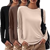 Sweetyweee 3 Pack Women's Cotton Long Sleeve Shirts, Crew Neck Casual Fitted Tops Rolled Hem Slim Layer Basic Tees Blouses