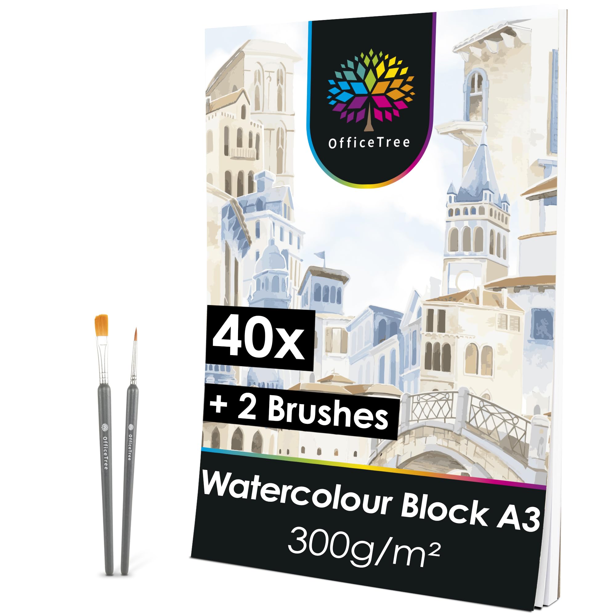 OfficeTree 40 x Watercolour Paper Pad A3-300gsm Watercolour Paper A3 White - Watercolour Pad for Drawing - A3 Watercolour Paper - 40 Sheets of Paper Watercolour - 2 Free Brushes