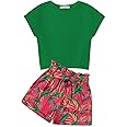 Arshiner Girls 2 Piece Outfit Summer Drop Shoulder Batwing Sleeve Tops and Paperbag Waist Shorts Set Cute Clothing Size 6-14
