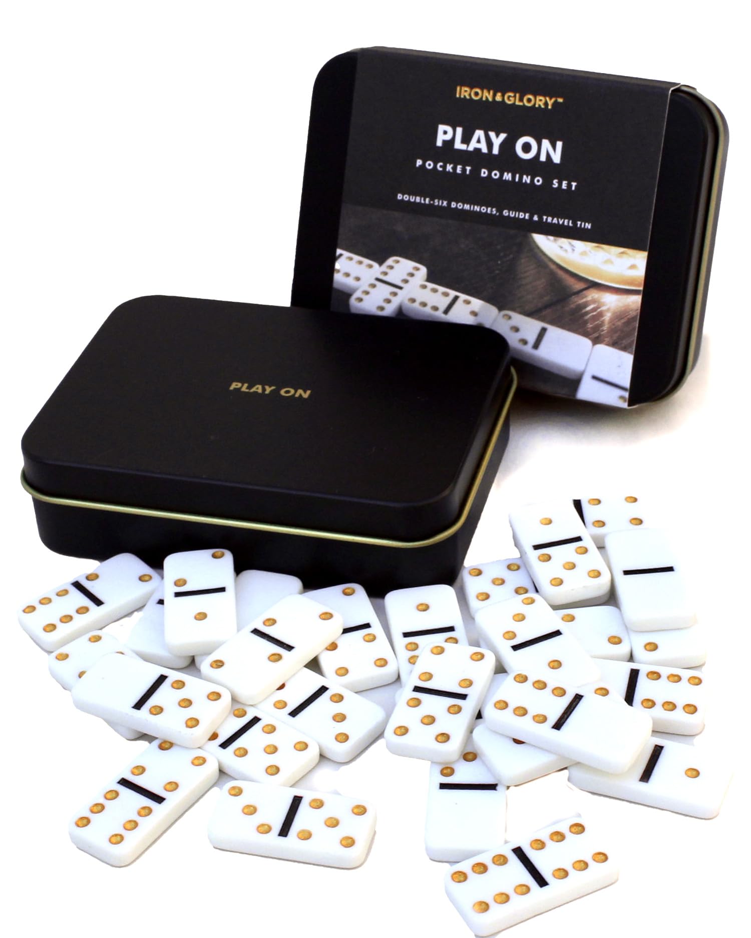 Iron & Glory Travel Dominoes Set | Dominoes Set For Adults | Travel Games | Play On Domino Game | Board Games | Mini Size Domino Deluxe Tin Case | Pocket Size | Family Night Gameplay | Gifts For Him