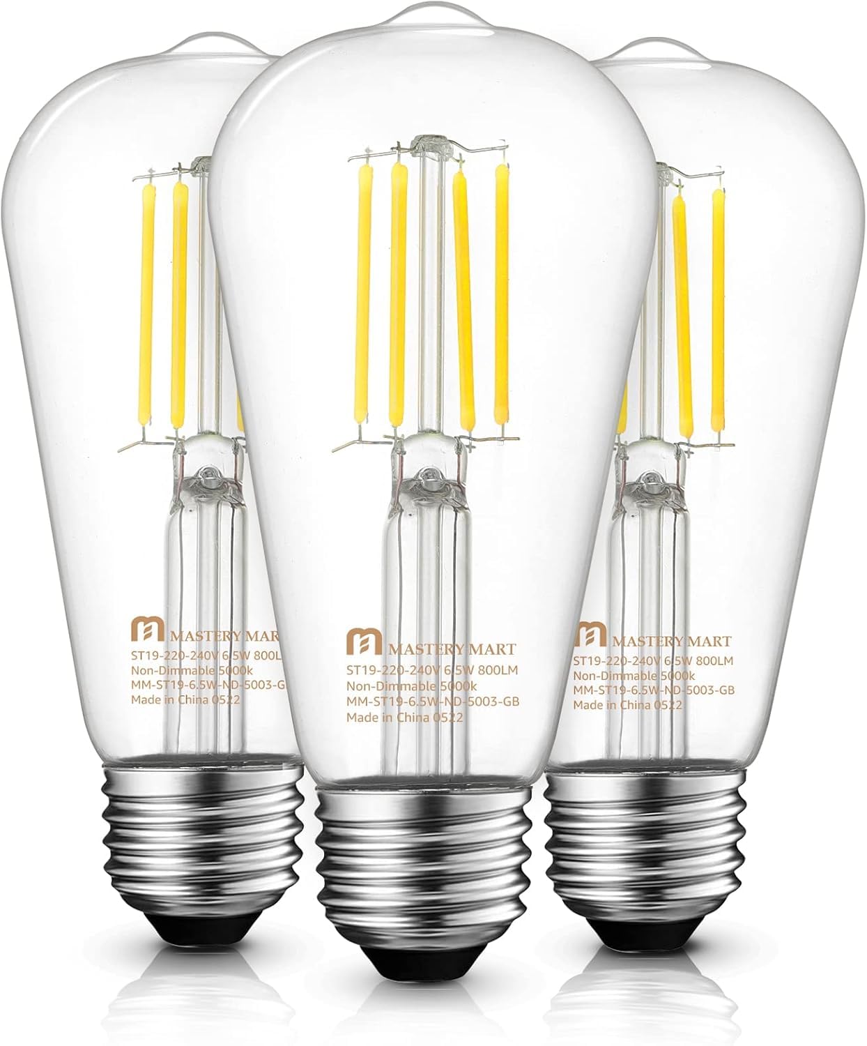 MASTERY MART E27 Vintage Light Bulbs, Non-Dimmable, 5000K Daylight White, 6.5W 60W Equivalent, Glass ST64 Filament LED Bulb, Edison Screw Cap, 15000 Hours, 800 Lumens, Pack of 3