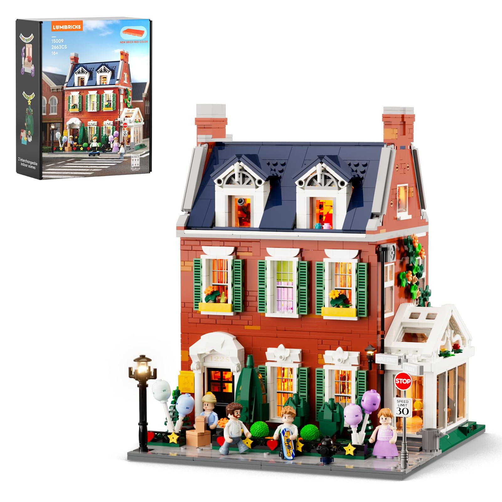 Lumibricks Rote Backstein-Reihenhaus Klemmbausteine mit Licht, Modular Building mit Geburtstags- und Weihnachtsszenen, 2663PCS-Geschenk für Baustein-Fans