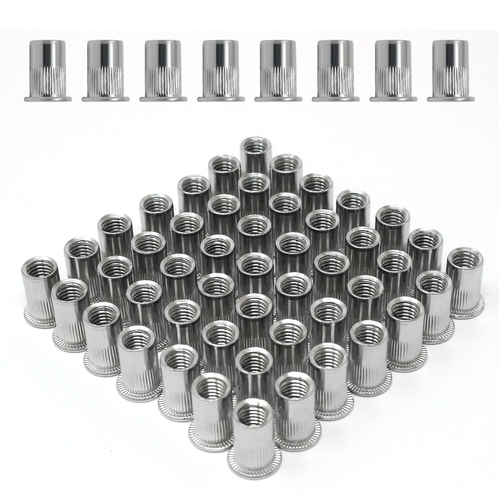 Wkmamo 120 Pcs M6 304 Stainless Steel Rivet Nuts,Threaded Rivetnut Insert Nutsert,Flat Head Threaded Rivetnut Insert Rivnut Assortment Kit