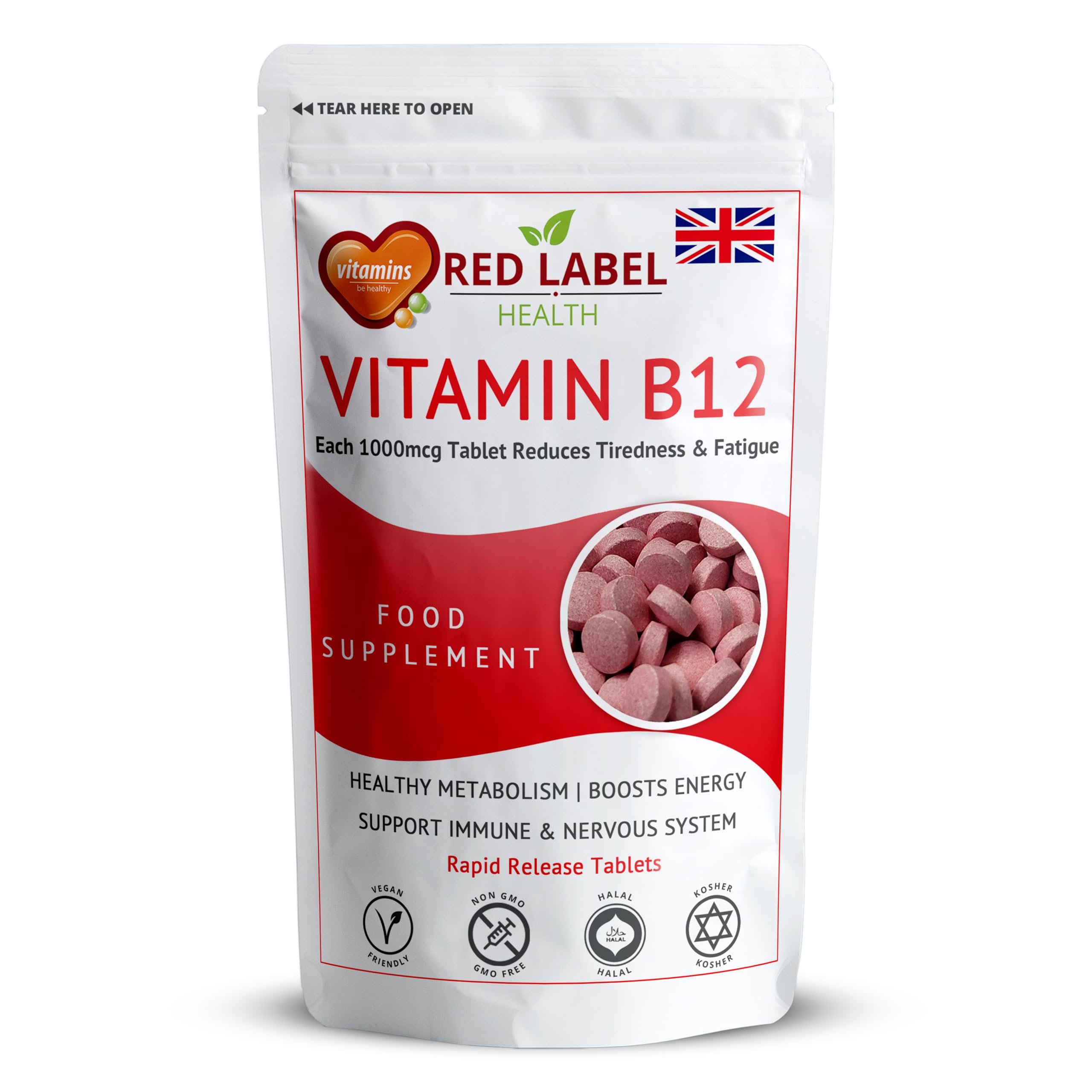 Red Label Health Vitamin B12 Tablets High Strength 1000mcg for Men & Women, Pack of 180 Tablets (6 Months Supply), Methylcobalamin B12 Vitamin for Tiredness and Fatigue, Vegetarian, Vegan