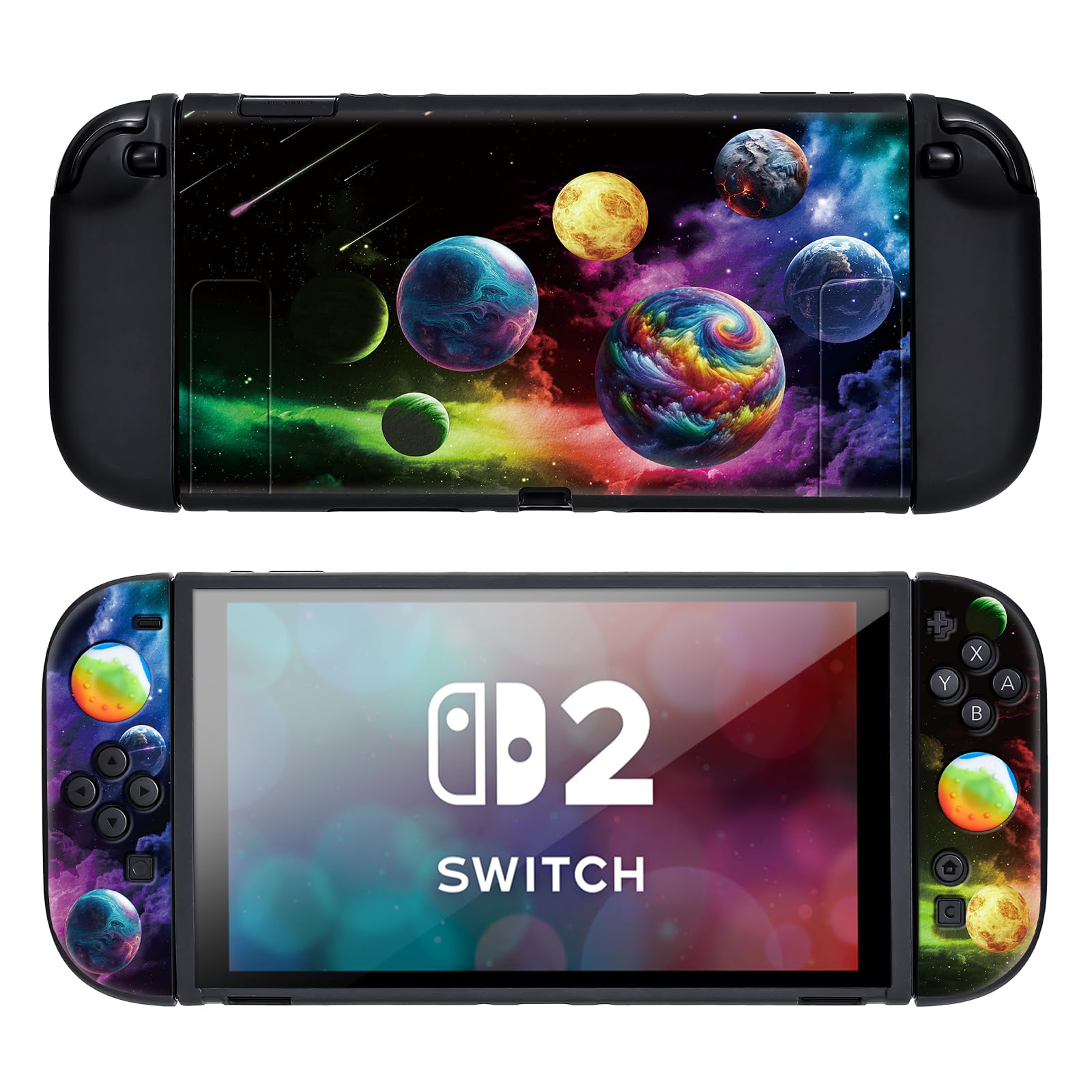 DLseego Protective Soft Case for Nintendo Switch 2 (2025), Soft Grip Cover for Handle, Detachable Joy-C Controller Shockproof & Scratch-Resistant Console Shell, 2 Thumb Grips, Planets - Colourful 2