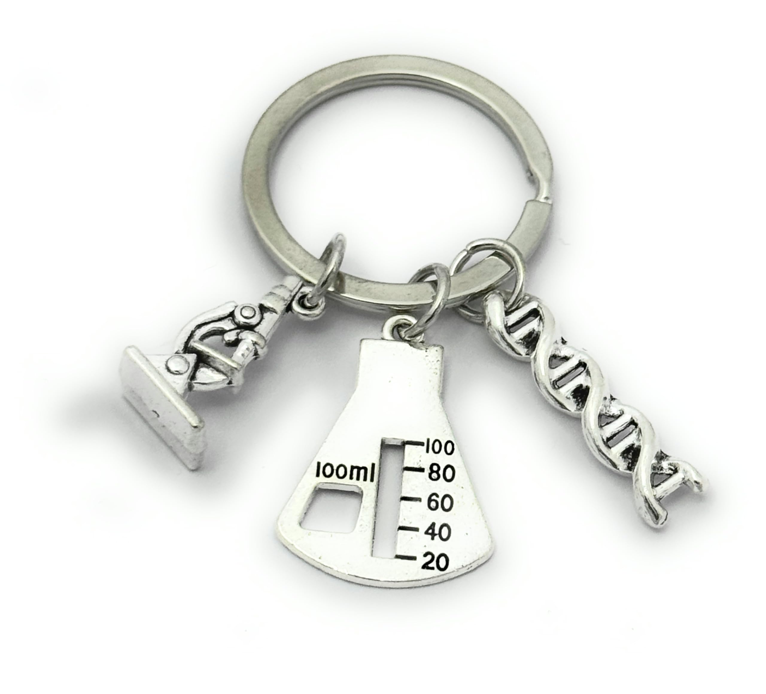 FizzyButton Gifts Science Teacher Scientist Keyring Key Ring with DNA, Microscope and Flask Charms in Gift Bag