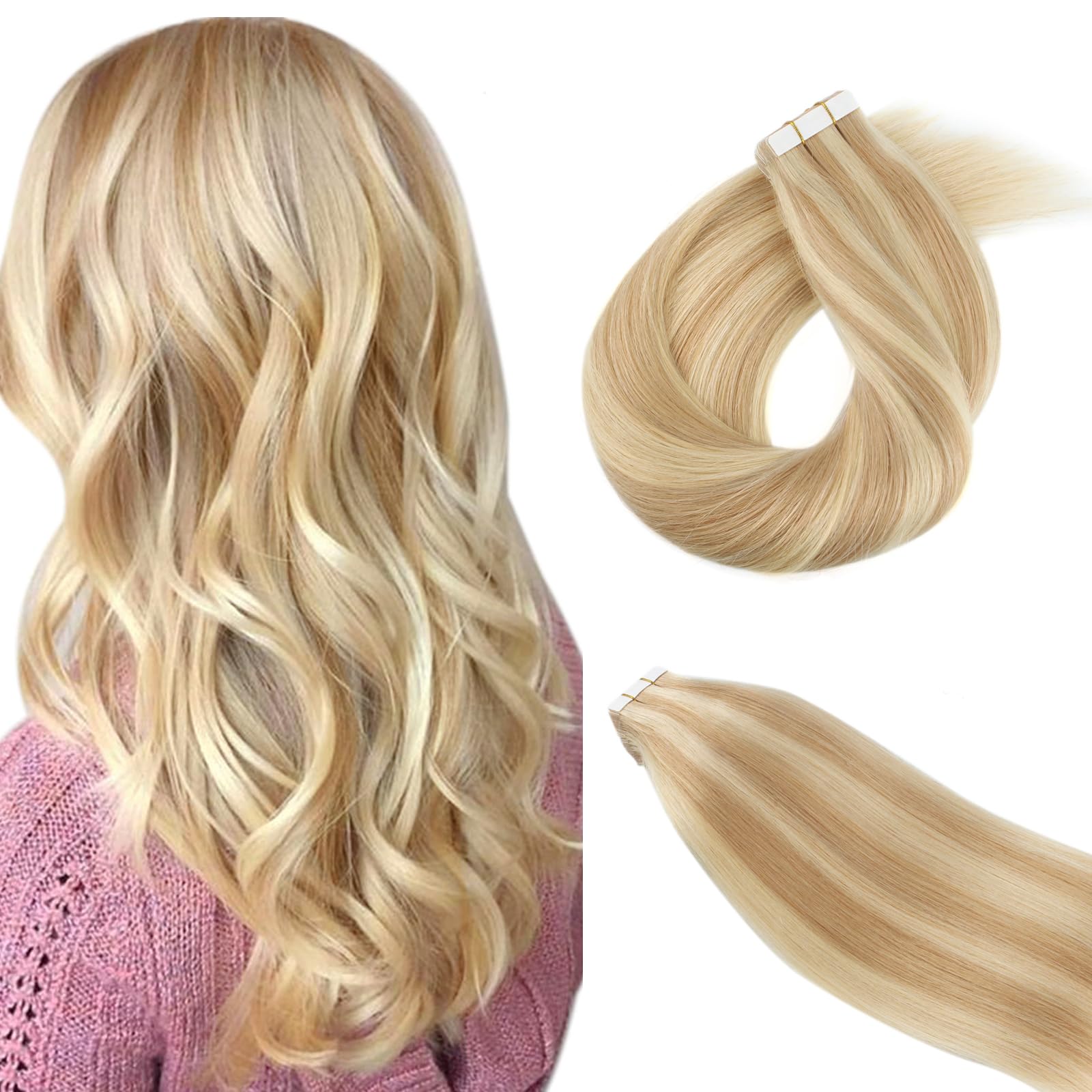 ABH AmazingBeauty Hair Pre Taped Remy Sun Kissed Highlighted Human Hair Double Sided Tape Hair Wxtensions Skin Weft, Invisible, Seamless, Dark Dirty Blonde with Platinum Ash Blonde P12-60, 22 Inch — image 1