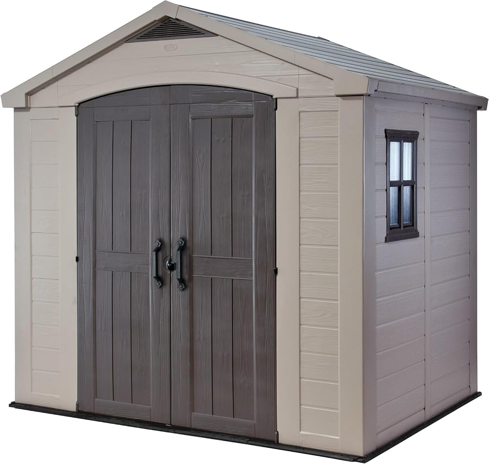 Keter Factor 8 x 6 ft Outdoor Storage Shed Beige Brown Wood Effect Double Doors
