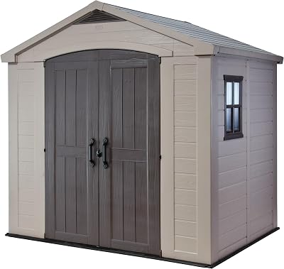 Keter Factor 8 x 6 ft Outdoor Storage Shed Beige Brown Wood Effect Double Doors
