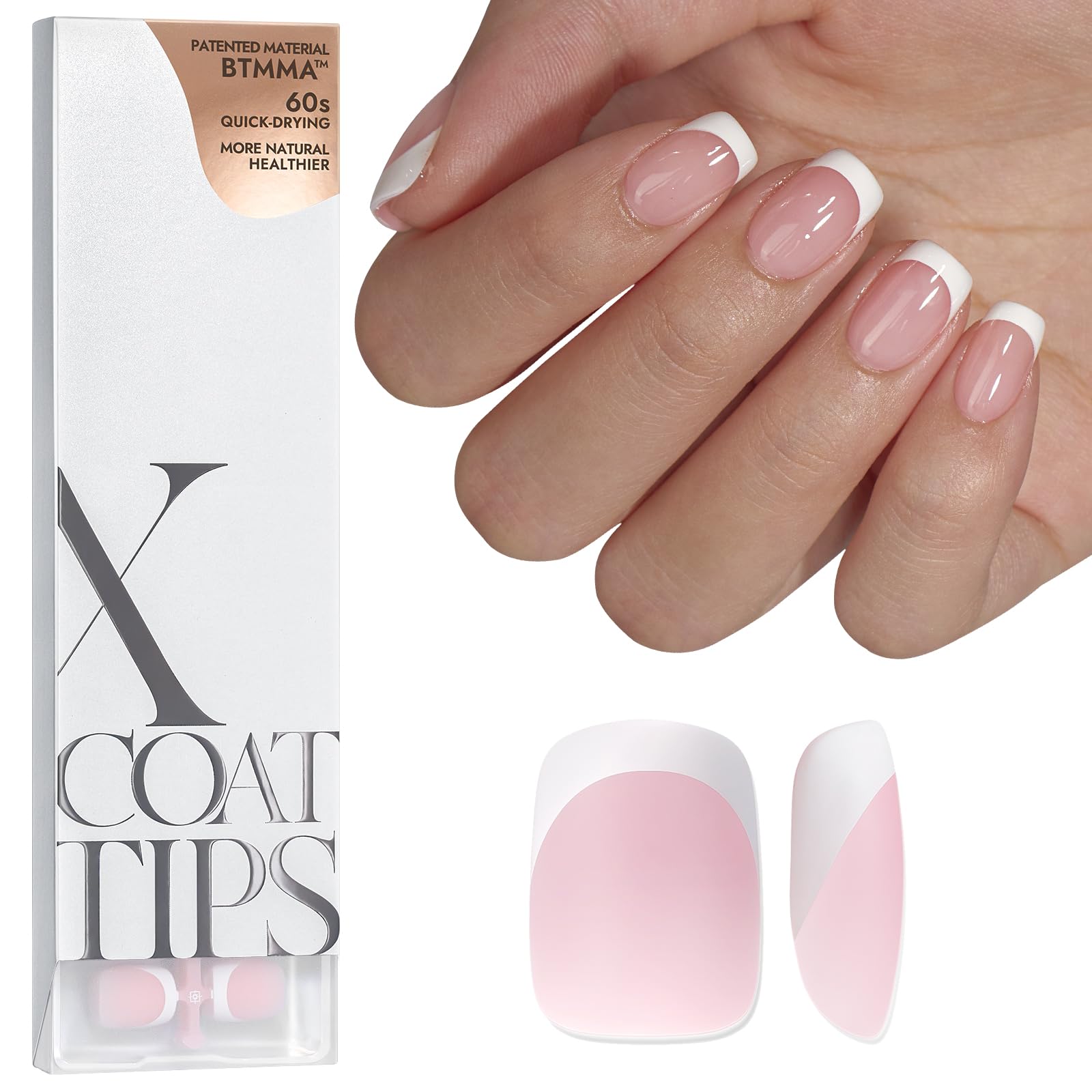 BTArtboxnails XCOATTIPS French Gel Nails - French Tip Press on Nails Pink Extra Short Square Shape Nail Tips, Fake Nails Extensions Nail Art DIY