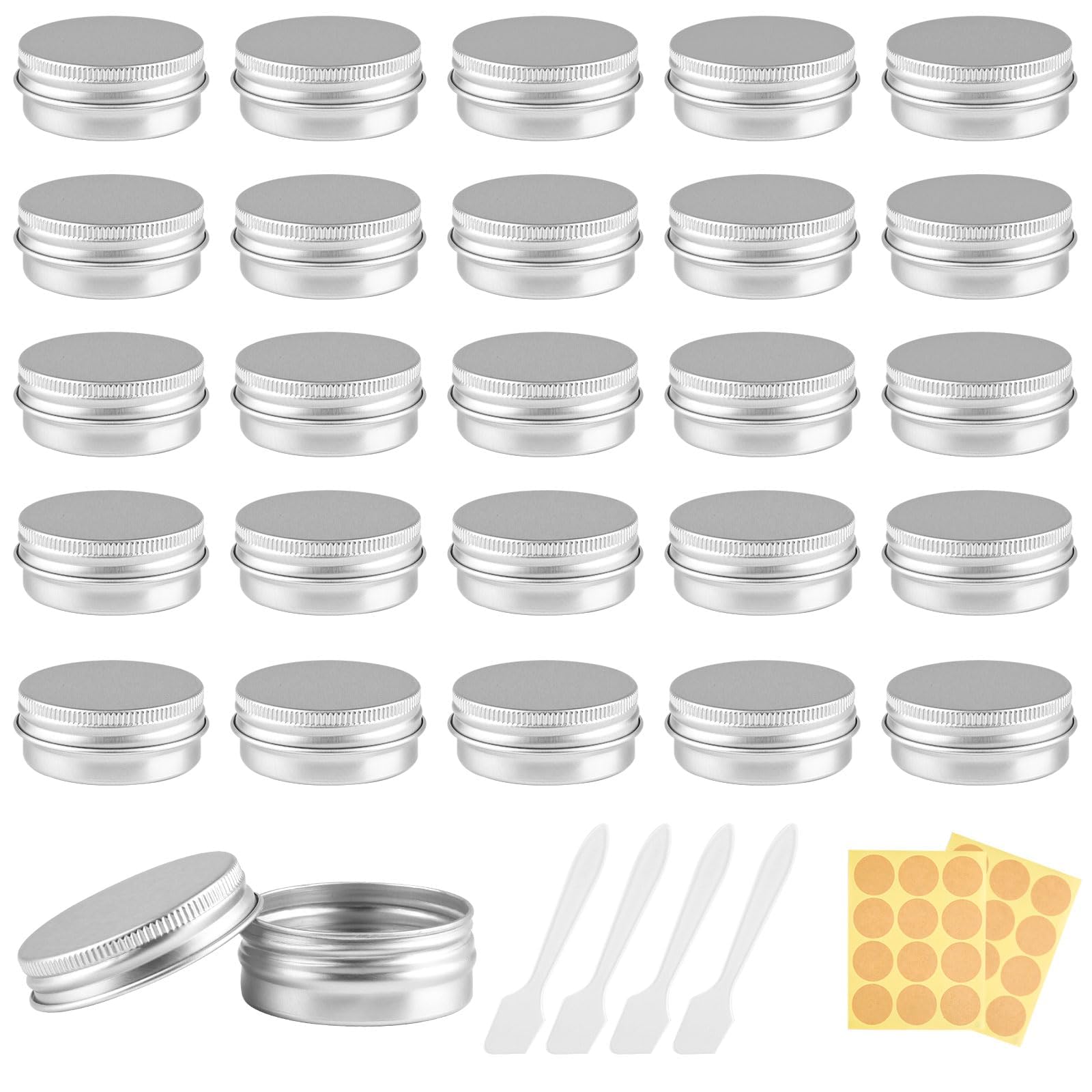 20 Pieces Small Tins with Lids, Round Travel Pots, Empty Cosmetic Containers Pots with Labels and Mini Spatula, Small Tins Jars with Screw Lids for Lip Balm, Sample, Cream Lotion (15ml)