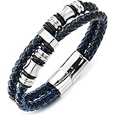 COOLSTEELANDBEYOND Mens Braided Leather Bracelet Double-Row Bangle Wristband with Stainless Steel Ornament