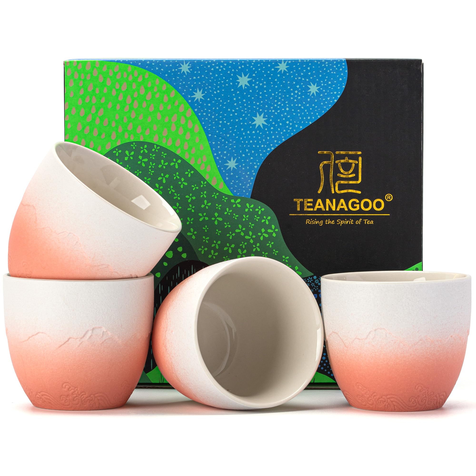TEANAGOO Ceramic Japanese Tea Cup, 4 Pcs/box, Occupied Japan Cups, Chinese Cup, Asian Cups no Handles,5.6 oz/ 160ml,Gradient Gradient Pink White
