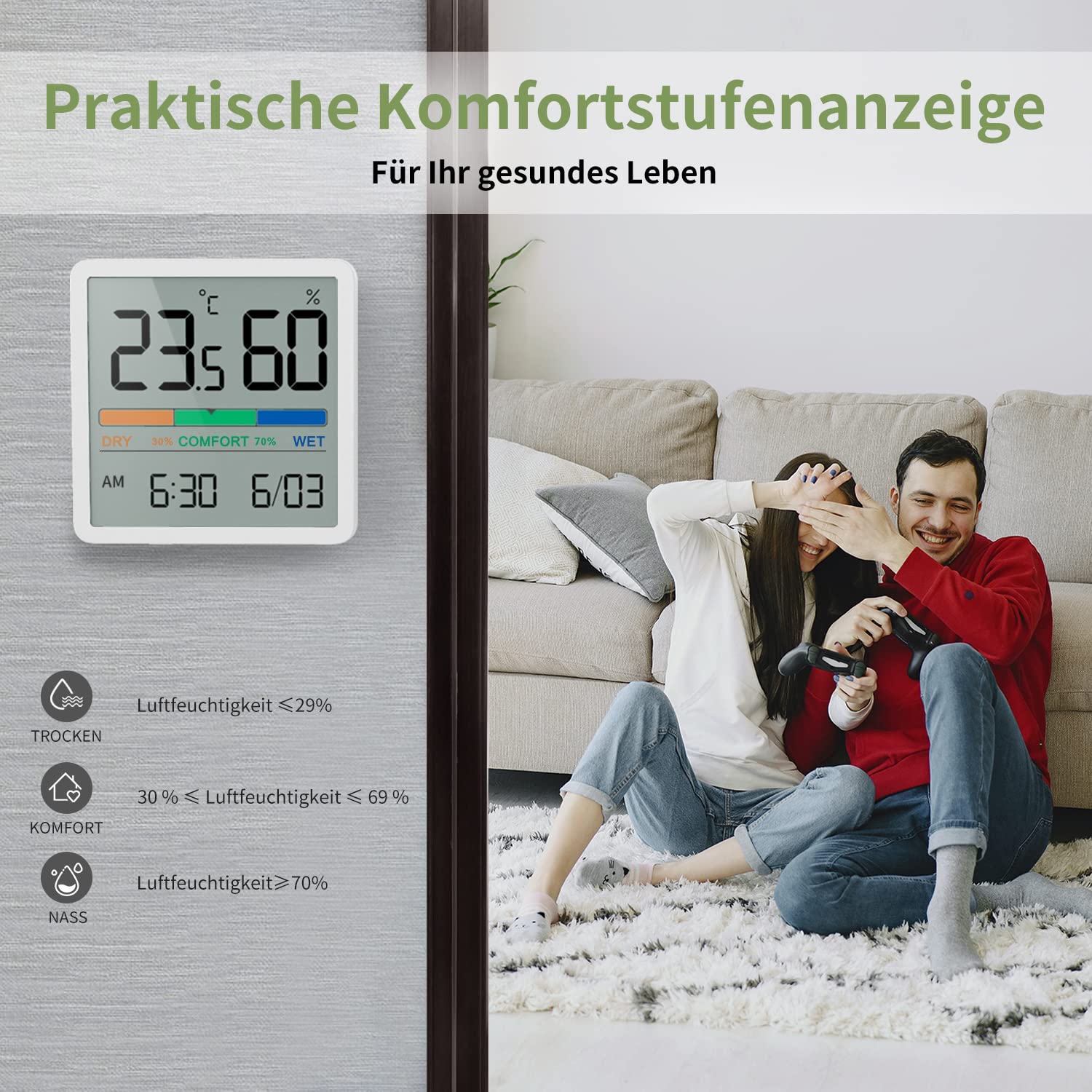 NOKLEAD Digitales Thermo-Hygrometer, Tragbares Thermometer Hygrometer Innen mit hohen Genauigkeit, Temperatur und Luftfeuchtigkeitsmesser für Raumklimakontrolle Raumluftüerwachtung Monitor (WEISS) 5