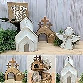 4PCS Easter Empty Tomb Jesus Decor Wooden Nativity Scene Set Resurrection Religious Farmhouse Statue He is Risen Signs Tiered Tray Ornament for Spring Holidays Indoor Home Table Decoration