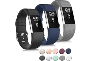 MUGUST 3 Pack Sport Bands Compatible with Fitbit Charge 2 Bands Women Men, Adjustable Replacement Strap Wristbands for Fitbit Charge 2 HR Small Large (Large, Black/Navy Blue/Gray)