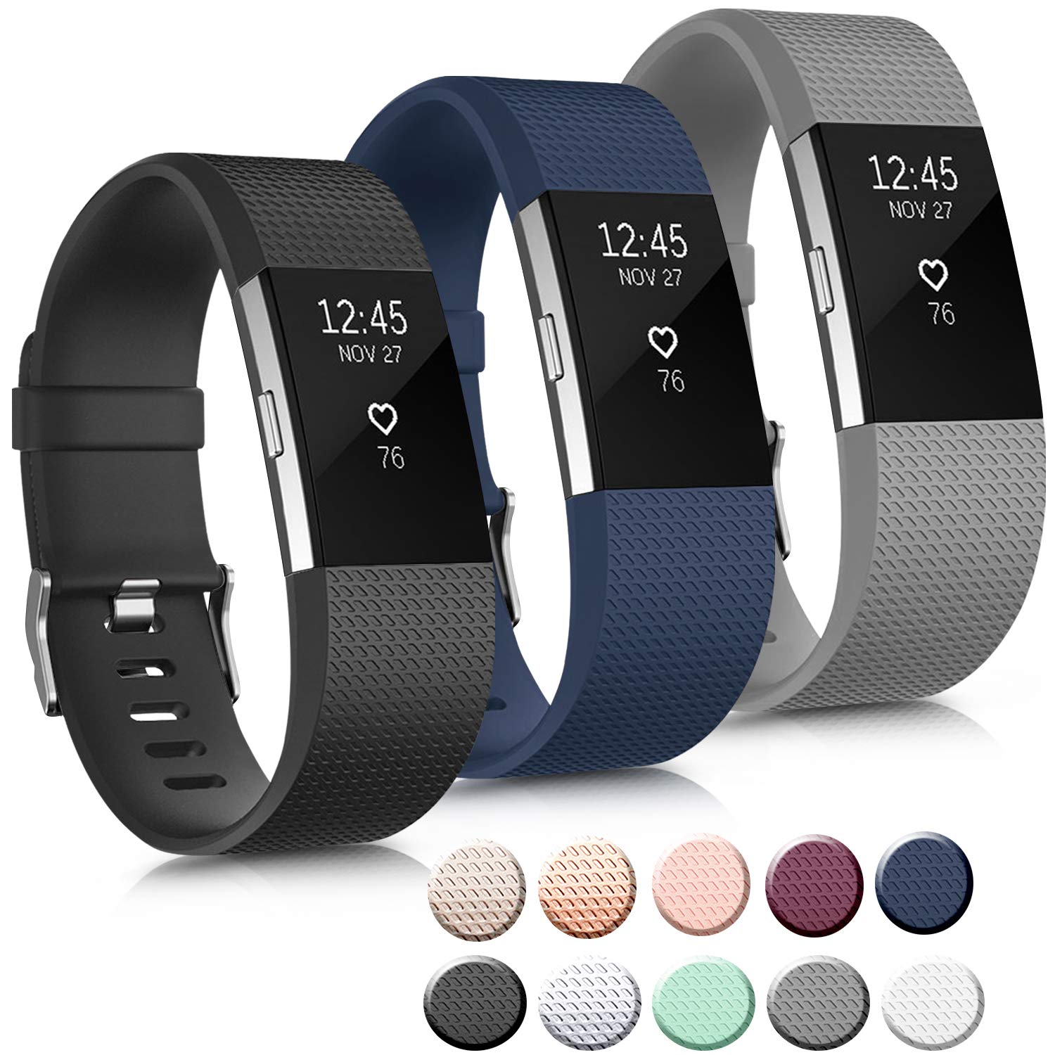 Photo 1 of 3 Pack Sport Bands Compatible with Fitbit Charge 2 Bands Women Men, Adjustable Replacement Strap Wristbands for Fitbit Charge 2 HR Small Large (Large, Black/Navy Blue/Gray)