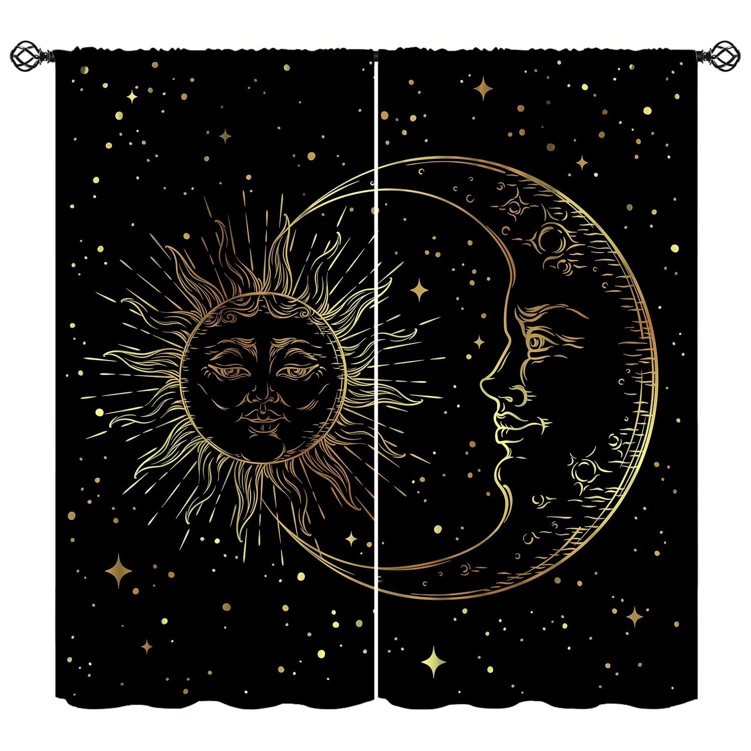 Photo 1 of Sun Moon Curtains Bohemian Celestial Art Printed Blackout Window Drapes for Bedroom Living Room Kitchen Decor Fabric Set 2 Panel 42x45 Inch 30% Shading Rate