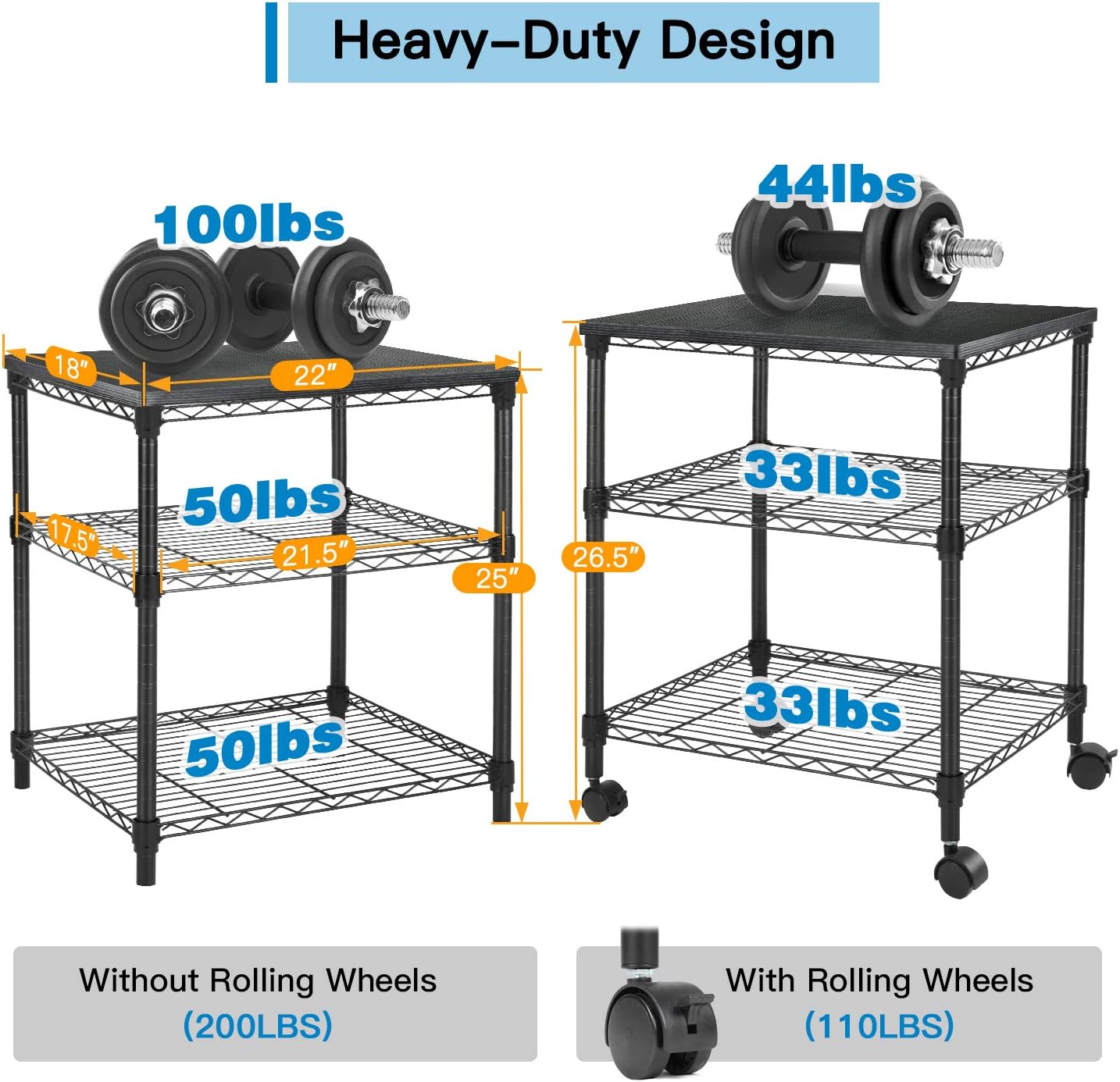 HUANUO Printer Stand - 3 Tier Printer Cart for Storage, Holds up to 200 lbs, Multifunctional Metal Utility Shelves, Workspace Desk Organizer, Rolling Cart for Home & Office Use: Electronics