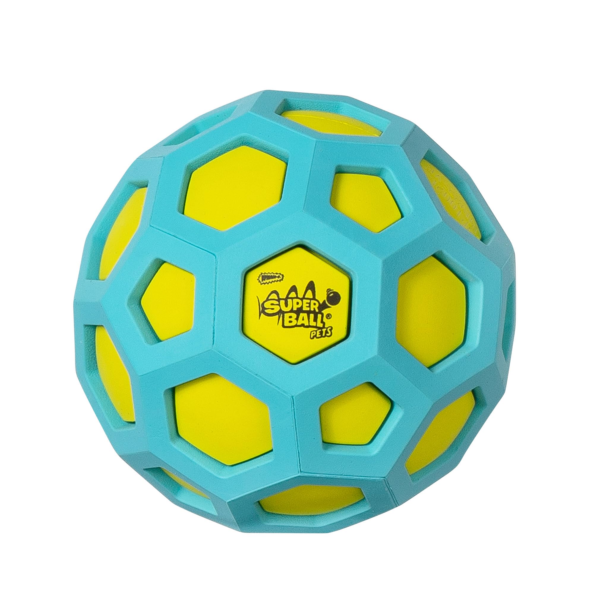 JAZ PET TOYS Wham-O Pets SuperBall Geo Squeak l - 4-Inch Soccer-Shaped Dog Ball with Special Squeaker, Easy Grip Grooves, and Durable BPA Free Rubber